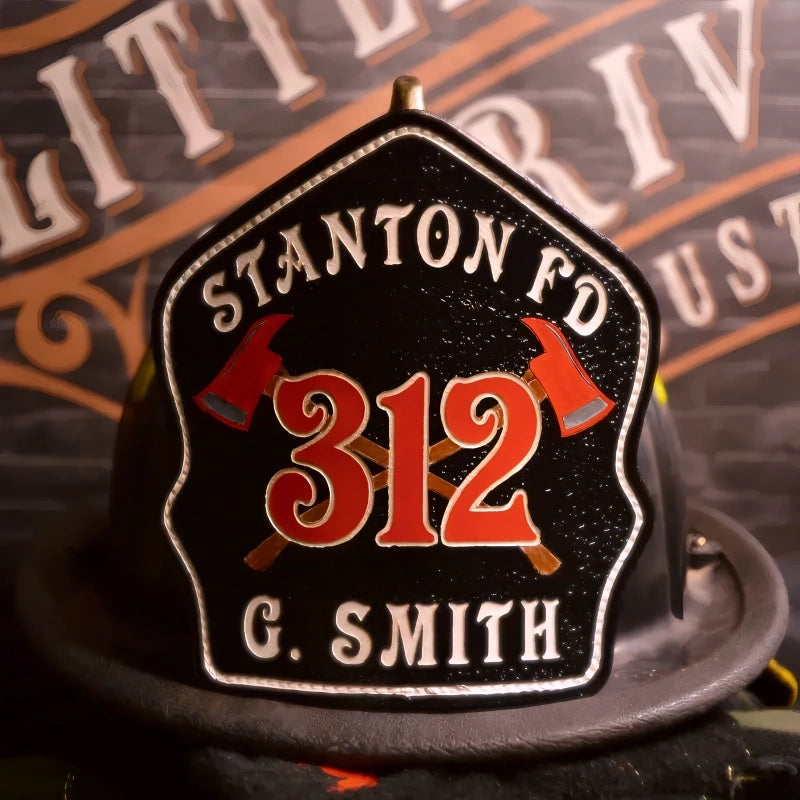 Firefighter helmet shield with crossed axes and live preview