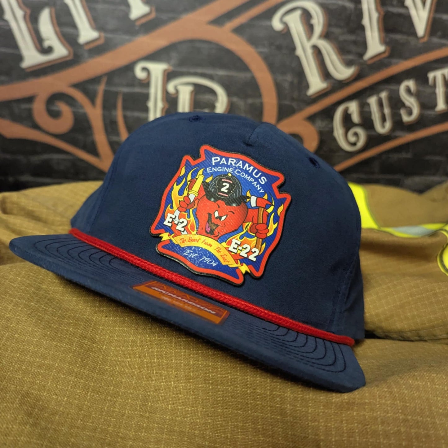 Paramus Engine Company Custom Firefighter Hat with bold leather patch and department logo – designed for custom fire crews