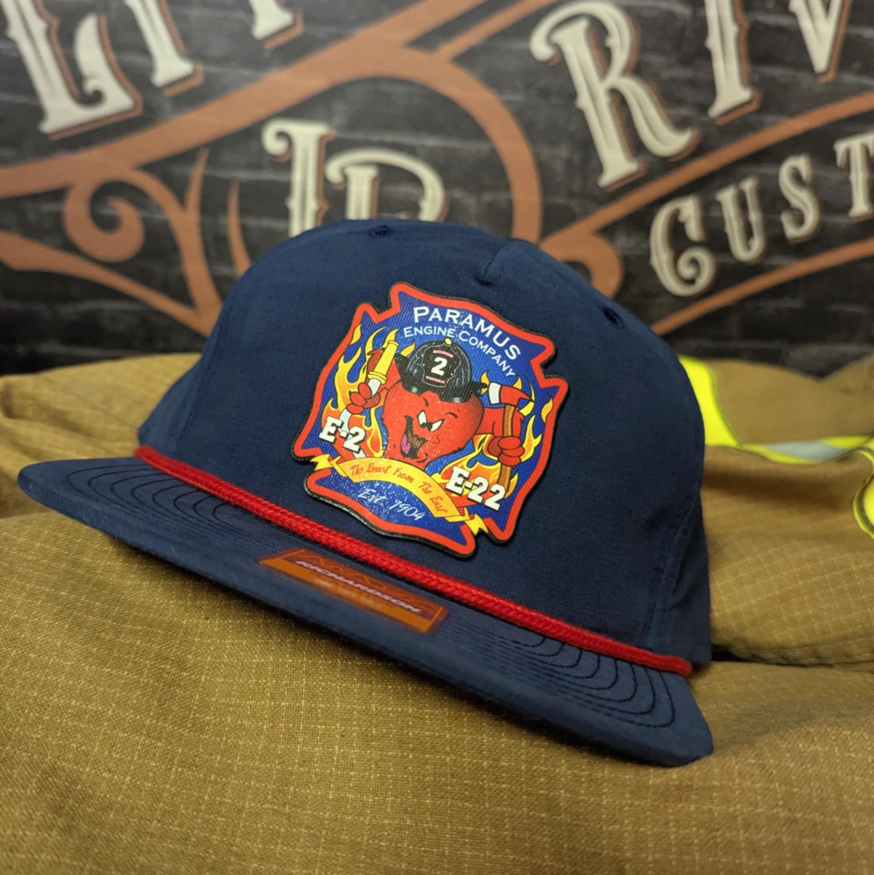 Paramus Engine Company Custom Firefighter Hat with bold leather patch and department logo – designed for custom fire crews