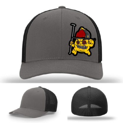 Richardson mesh back firefighter hat with Backdraft Bastard leather patch design