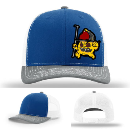 Fire company apparel hat with Backdraft Bastard leather patch skull firefighter art