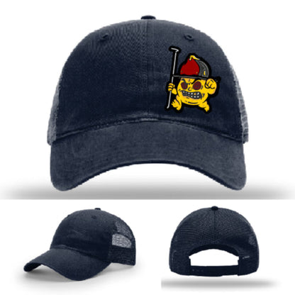 Firefighter hat featuring Backdraft Bastard skull leather patch and mesh back