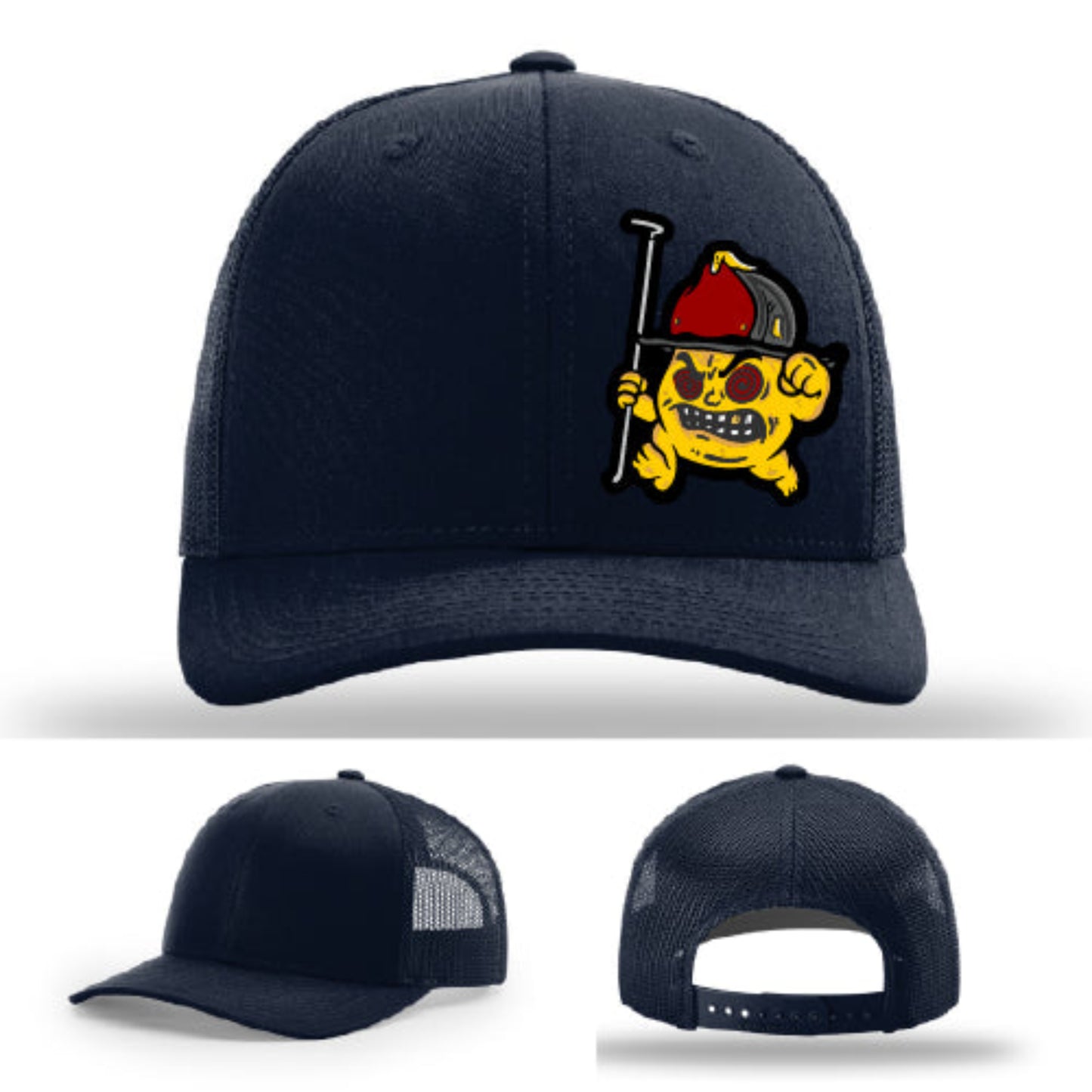 Firefighter apparel hat Backdraft Bastard wild eyed figure on leather patch