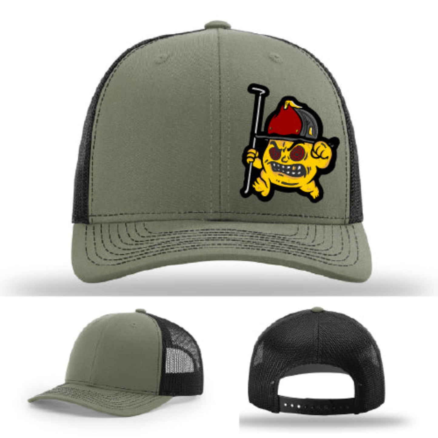 Leather patch firefighter hat Backdraft Bastard figure artwork on Richardson build