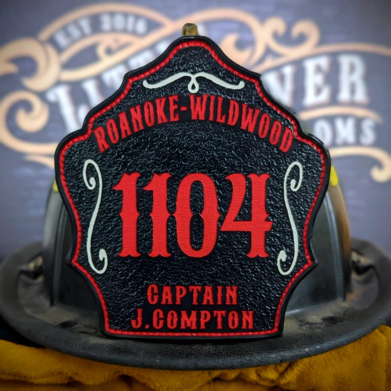 Bare Bones firefighter helmet shield with bold number layout