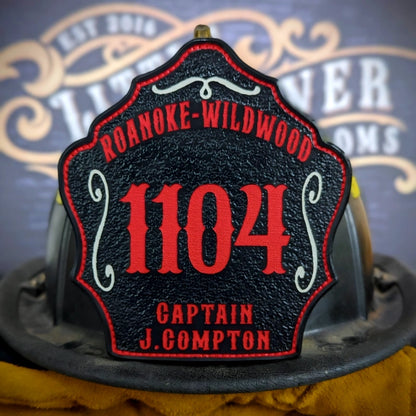 Bare Bones firefighter helmet shield with bold number layout