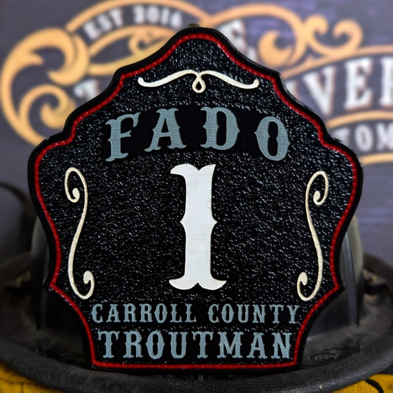 Bare Bones firefighter helmet shield with station lettering
