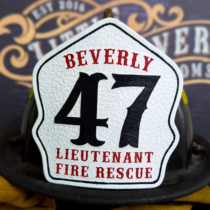 Custom Bare Bones firefighter helmet shield with number