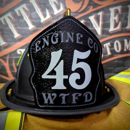 Bare Bones firefighter helmet shield with bold font layout
