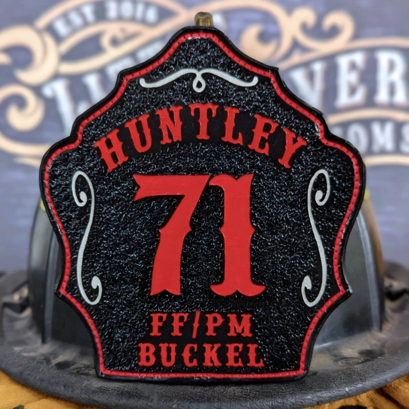 Bare Bones firefighter helmet shield with readable text