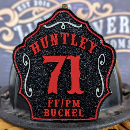 Bare Bones firefighter helmet shield with readable text