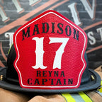 bare bones firefighter helmet shield handcrafted full grain leather with simple custom layout for name and number