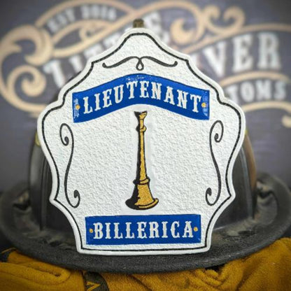Blue center-panel lieutenant helmet shield with single gold bugle and white frame.