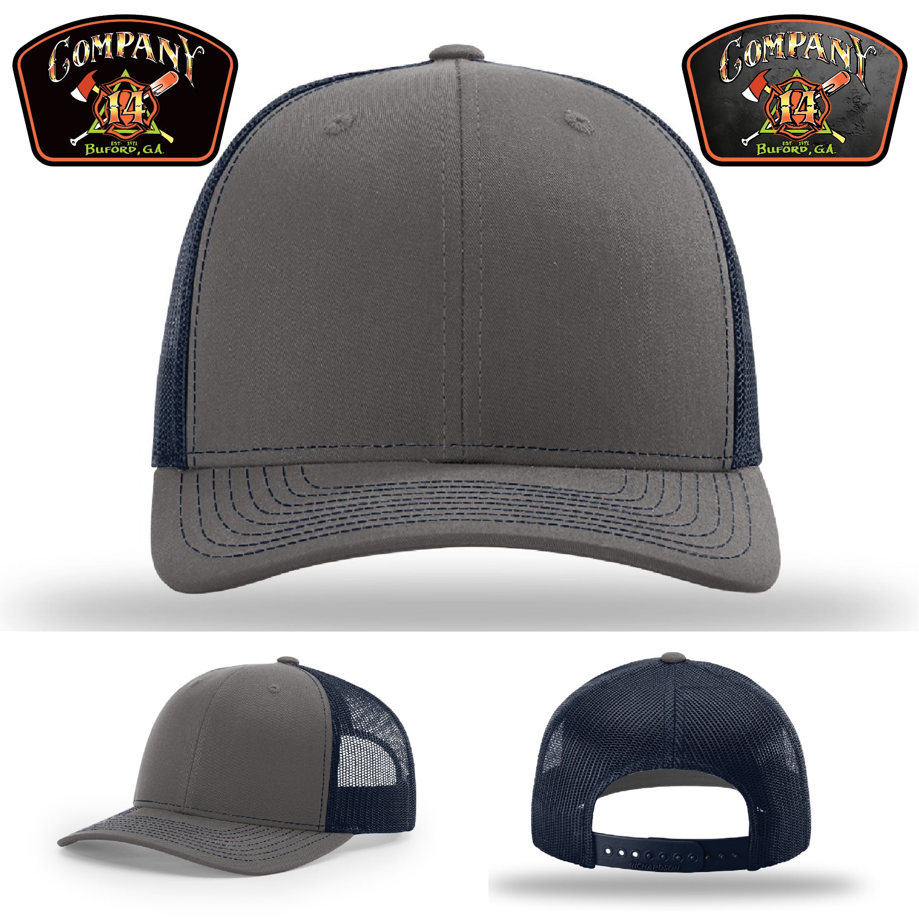 Firefighter station hat showing Buford Company 14 identity