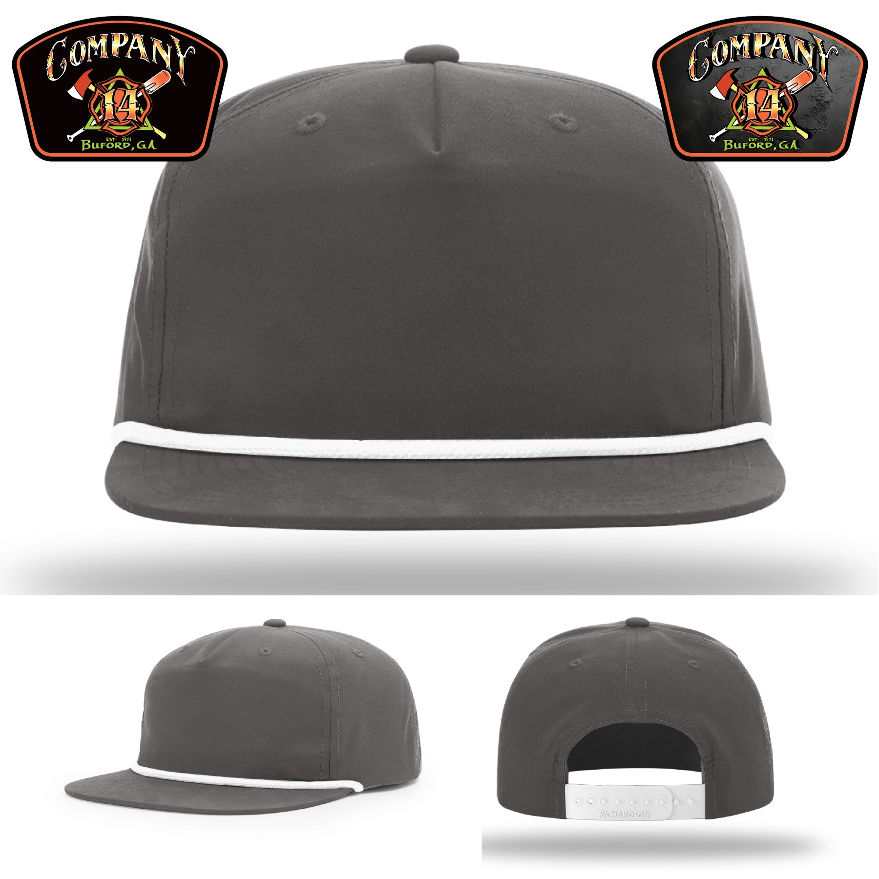 Leather firefighter hat featuring Buford Company 14 emblem