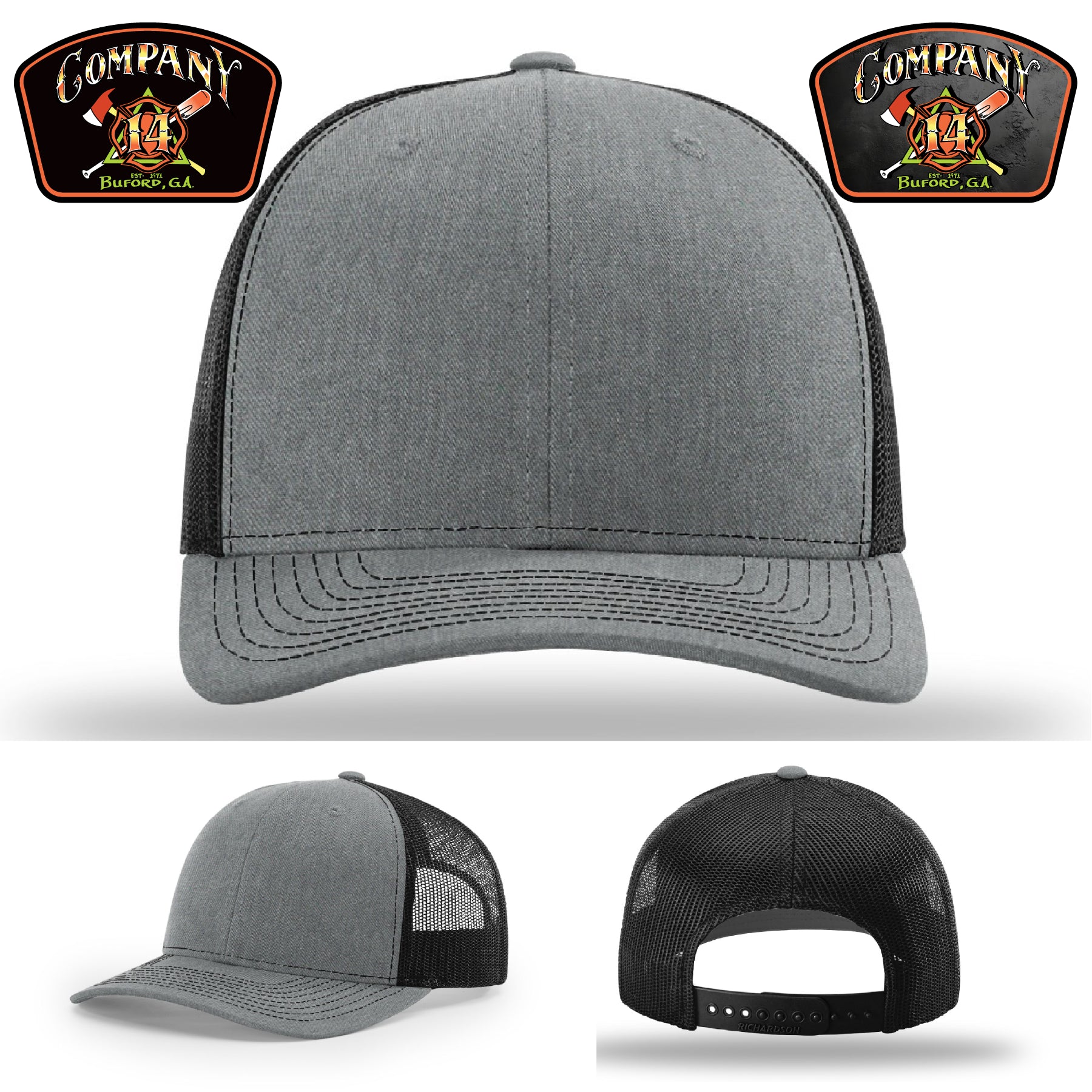 Leather patch hat highlighting Buford Company 14 department emblem