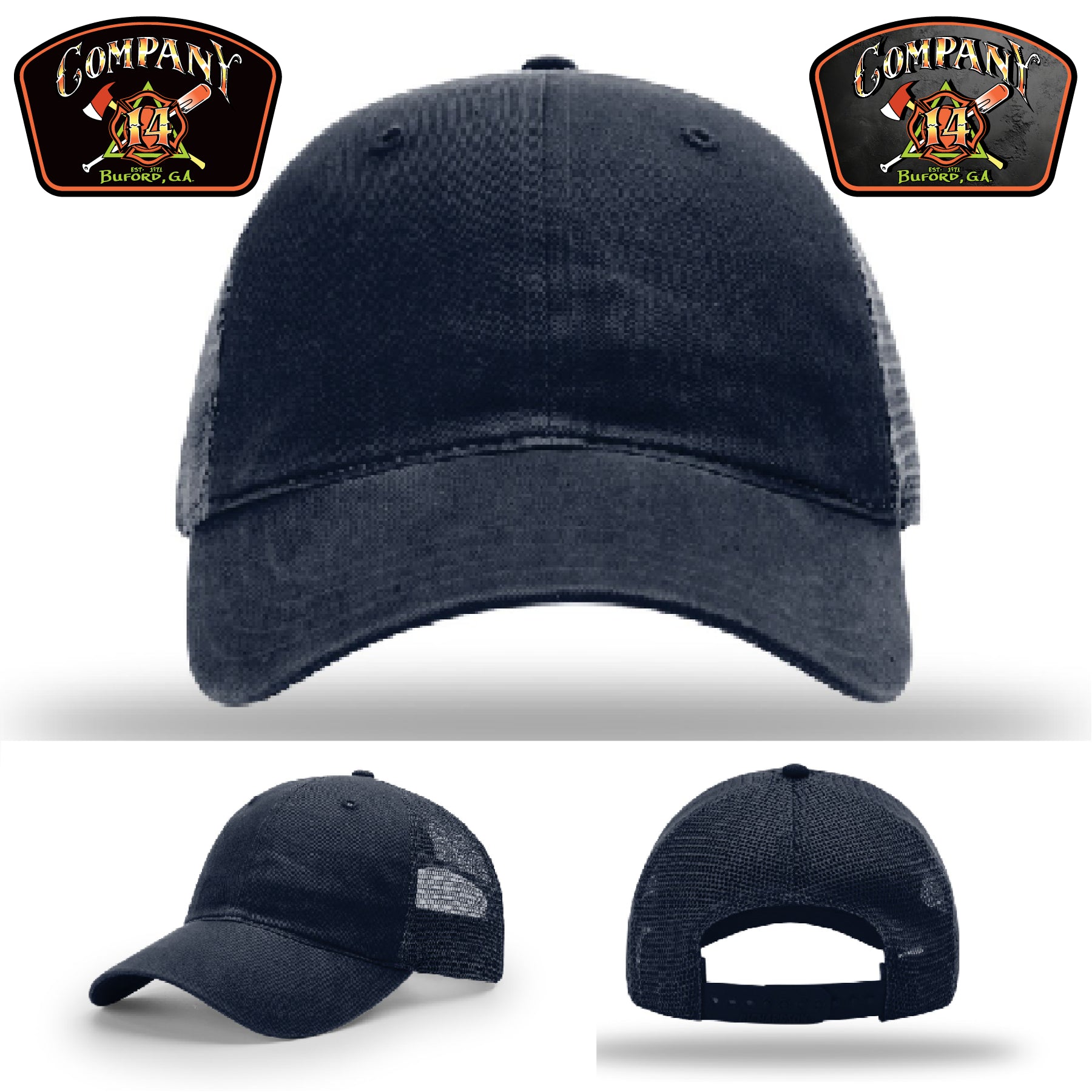 Leather patch firefighter cap representing Buford Company 14