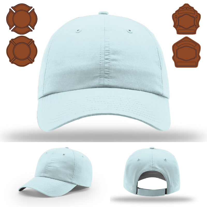 Variant firefighter hat front view with custom bugle leather patch