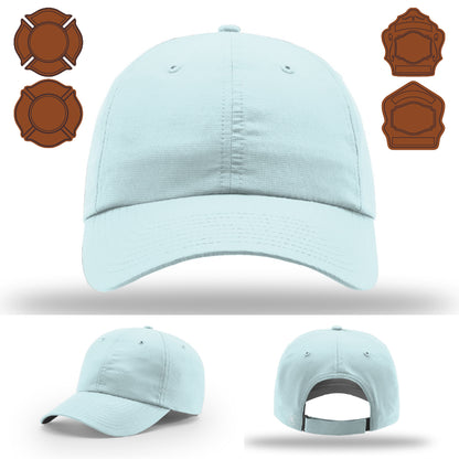 Variant firefighter hat front view with custom bugle leather patch