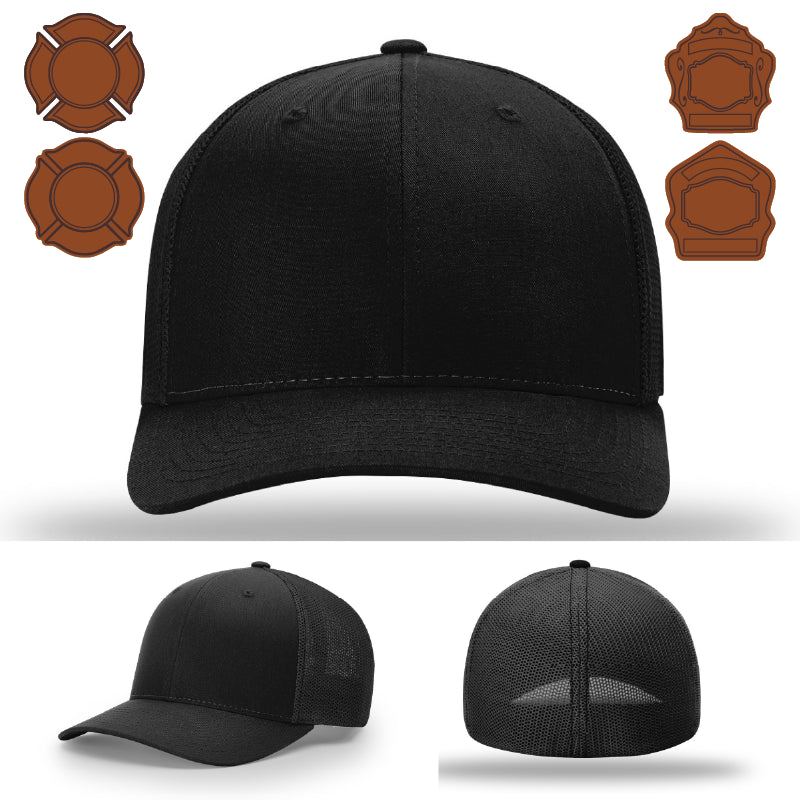 Firefighter gear hat showing bugle leather patch design front facing