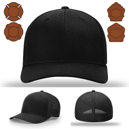 Firefighter gear hat showing bugle leather patch design front facing