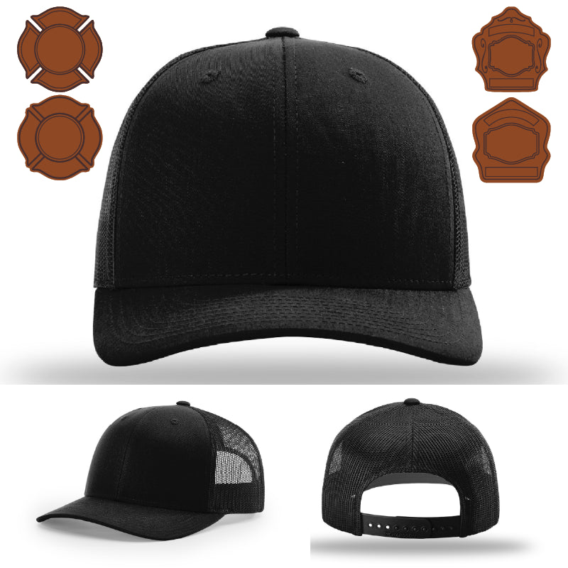 Custom firefighter hat variant with bugle leather patch emblem