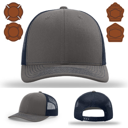 Rugged firefighter hat showing bugle patch design on front