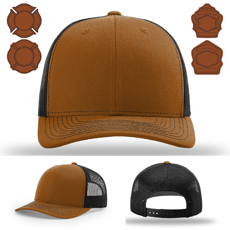 Variant fire service hat with bugle leather patch layout