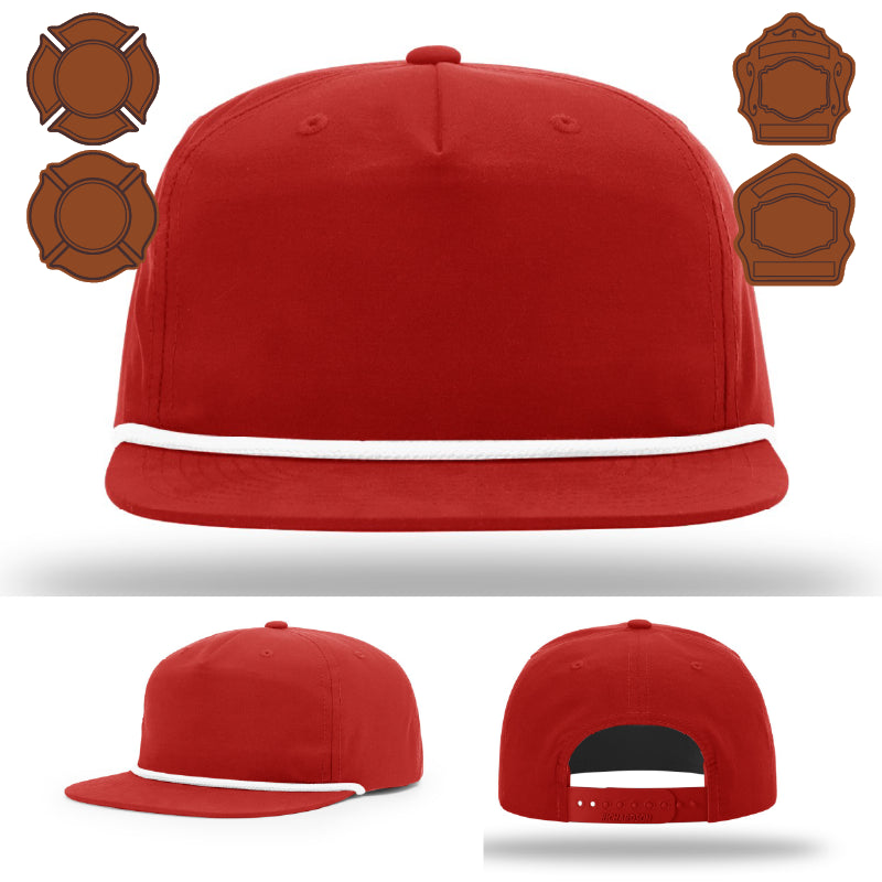 Custom firefighter hat variant featuring leather bugle patch