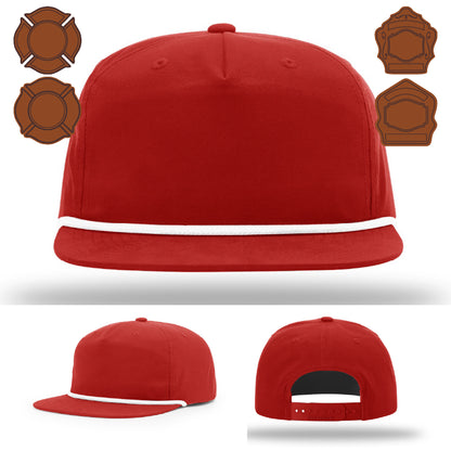 Custom firefighter hat variant featuring leather bugle patch