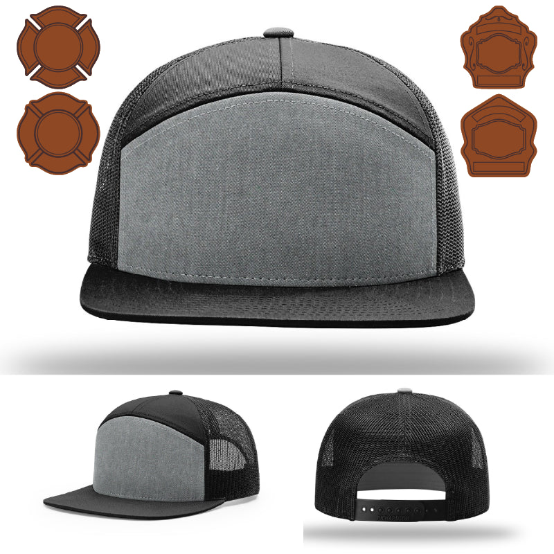Fire service apparel hat showing bugle leather patch emblem