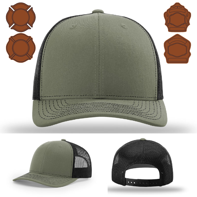 Variant firefighter hat with bugle leather patch front view