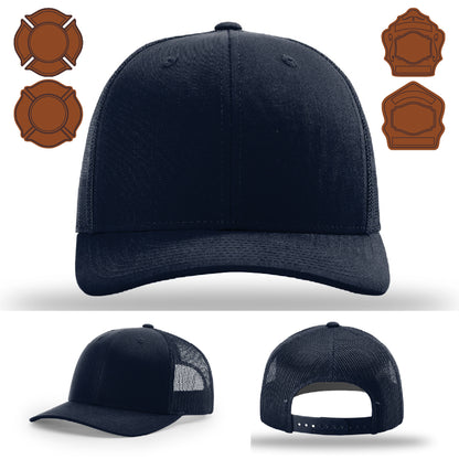Firefighter pride hat showing bugle leather patch design