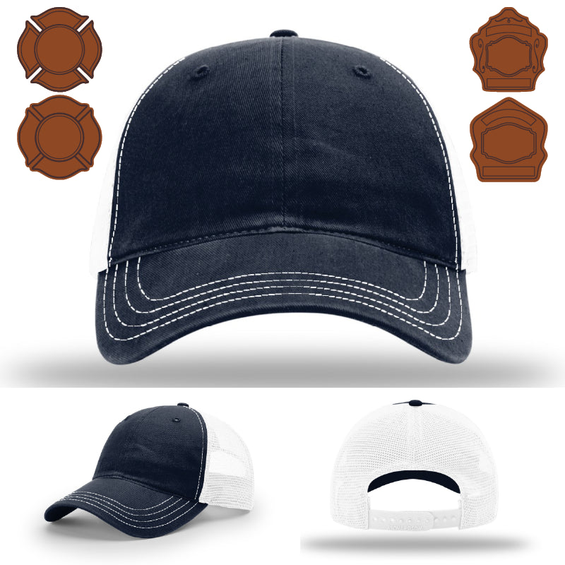 Firefighter apparel hat featuring leather bugle patch front