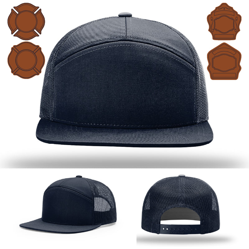 Custom fire service hat showing bugle leather patch front view