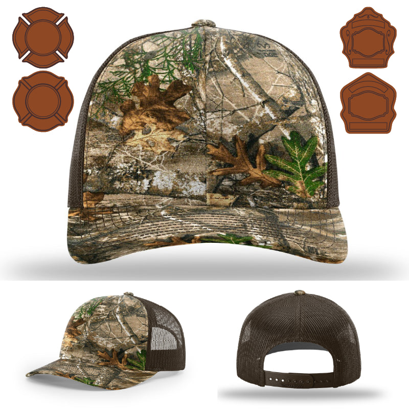 Rugged firefighter gear hat with bugle leather patch front