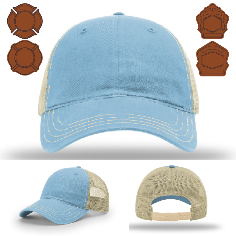 Fire service hat with bugle style custom leather patch