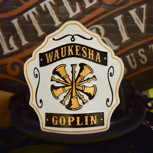 Custom leather firefighter helmet shield in bugle officer front style for rank display