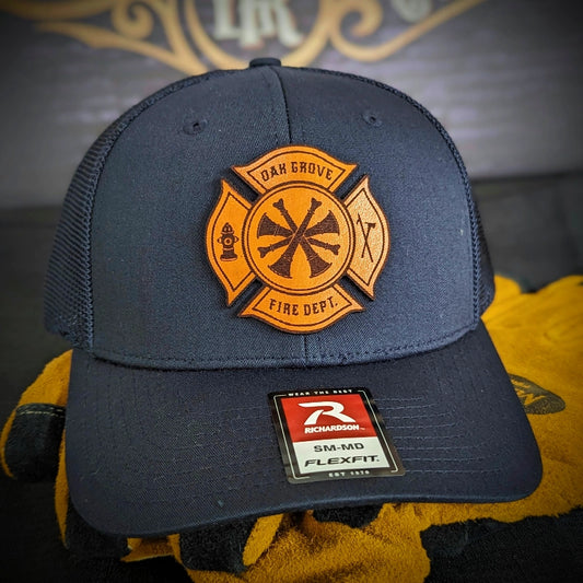 Custom bugle leather patch firefighter hat showing rank detail