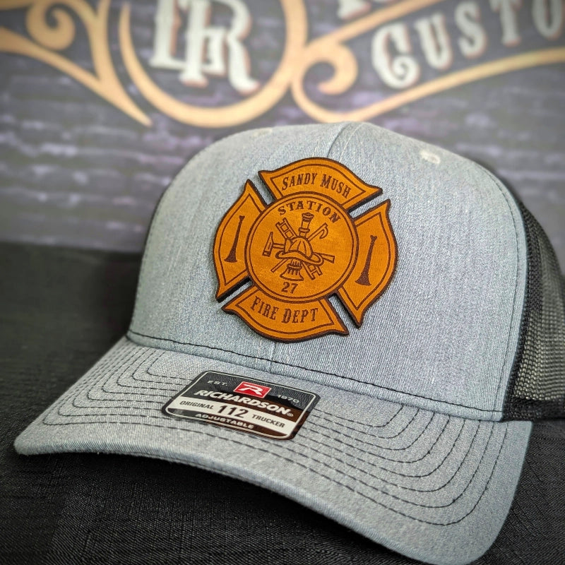 Firefighter hat with genuine leather patch in bugle layout