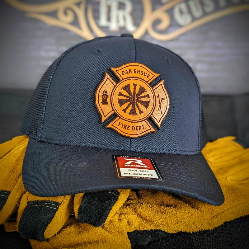 Professional firefighter hat featuring custom bugle leather patch