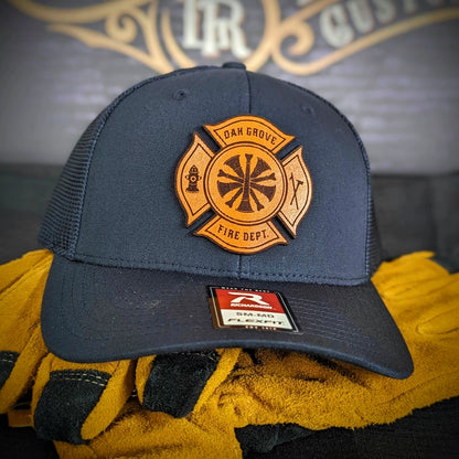 Professional firefighter hat featuring custom bugle leather patch