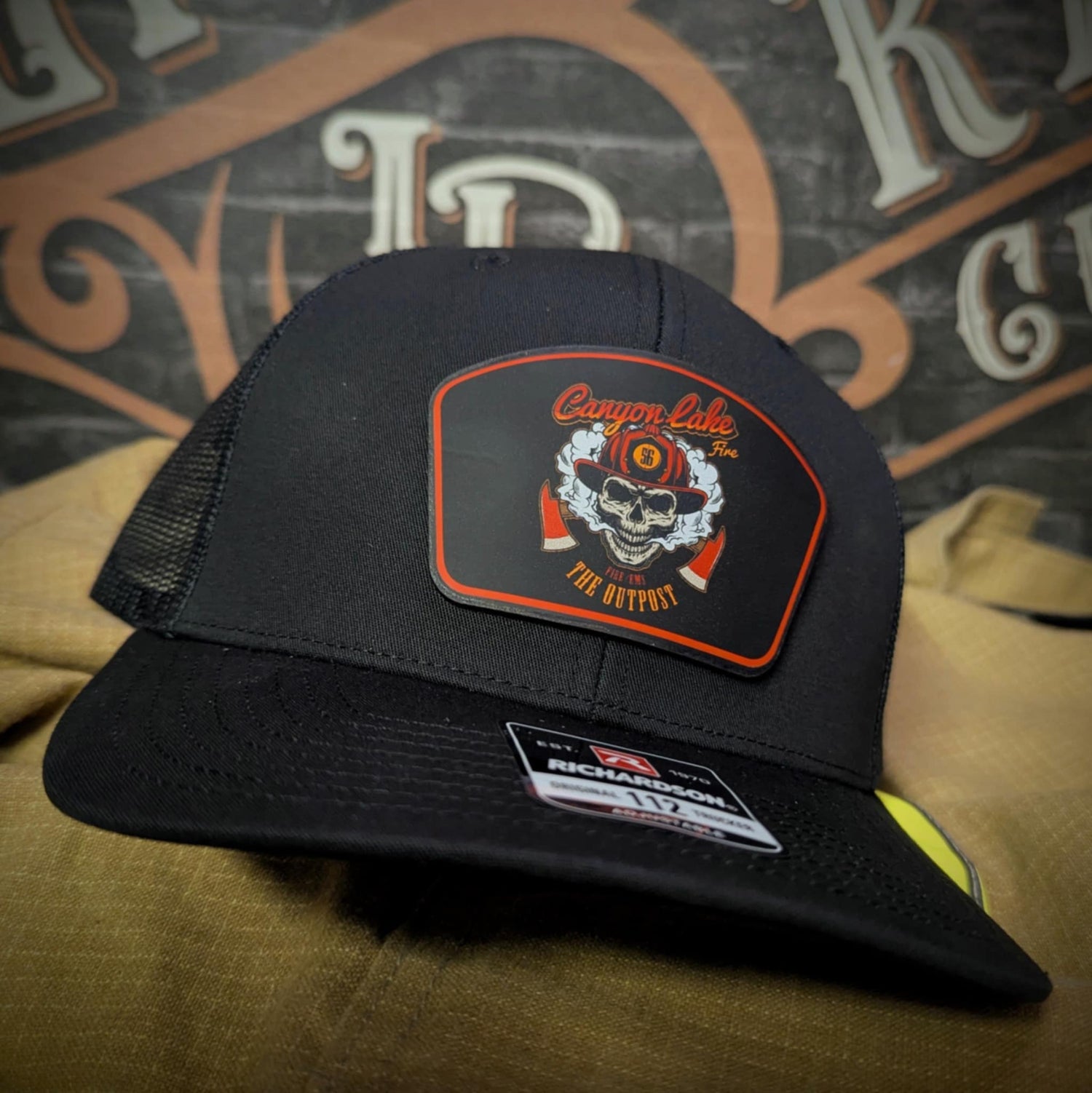 Canyon Lake firefighter hat with custom leather patch design