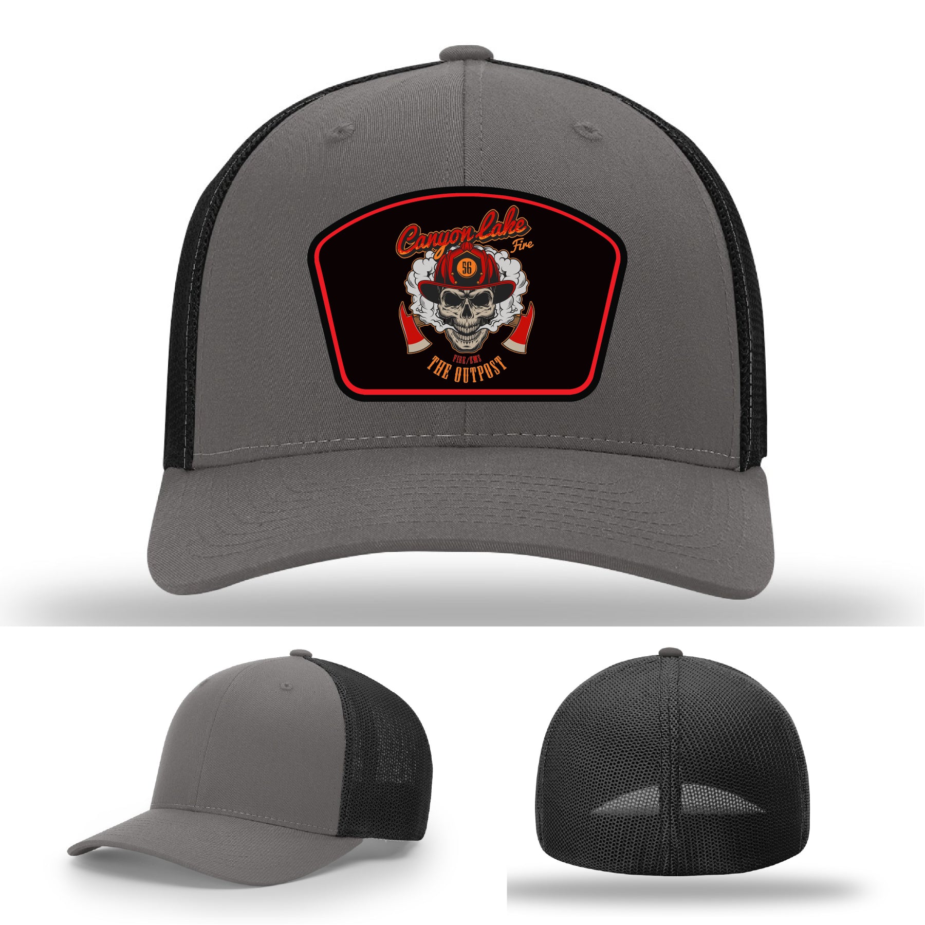 Canyon Lake firefighter logo hat crafted with leather patch