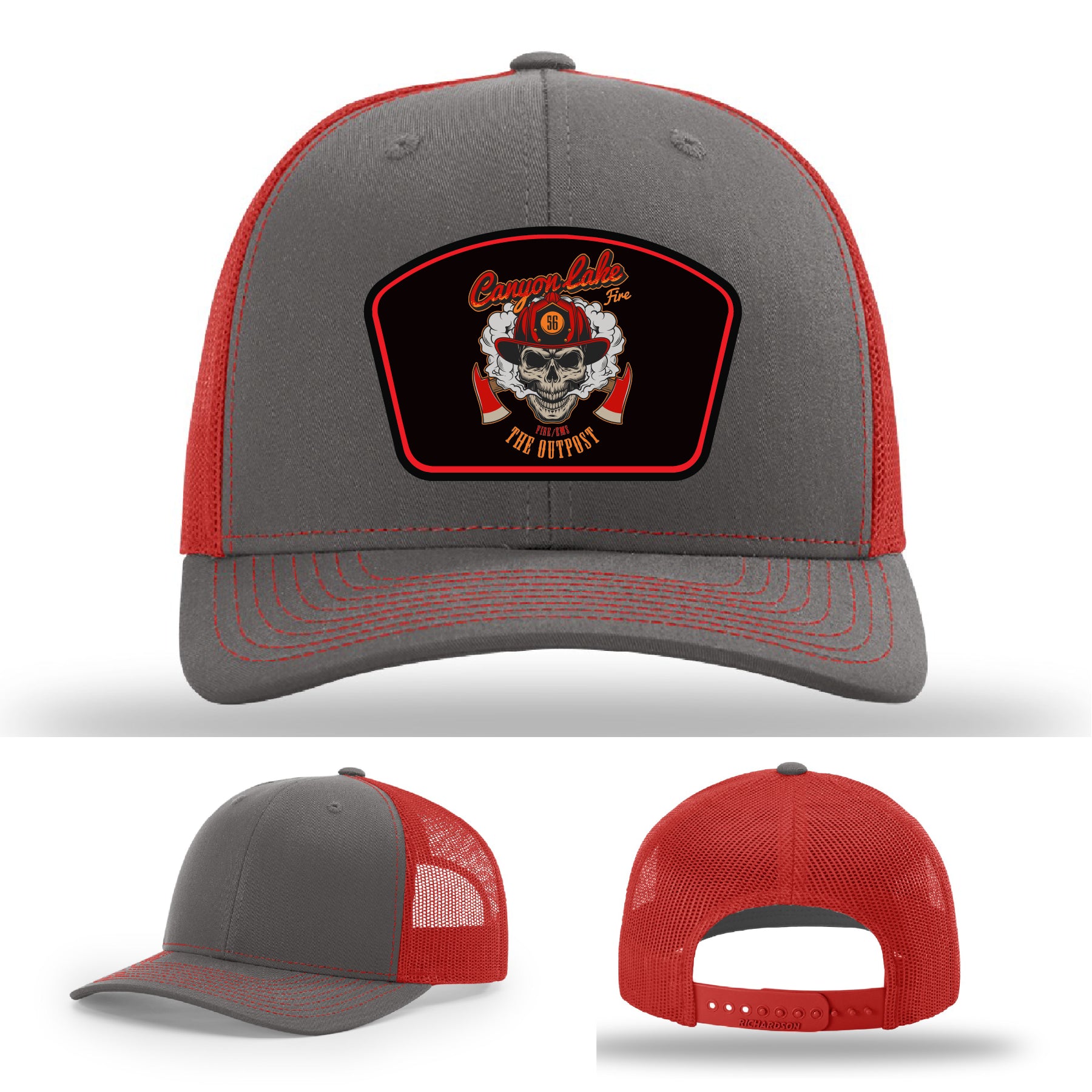 Canyon Lake firefighter hat with sharp leather patch detail