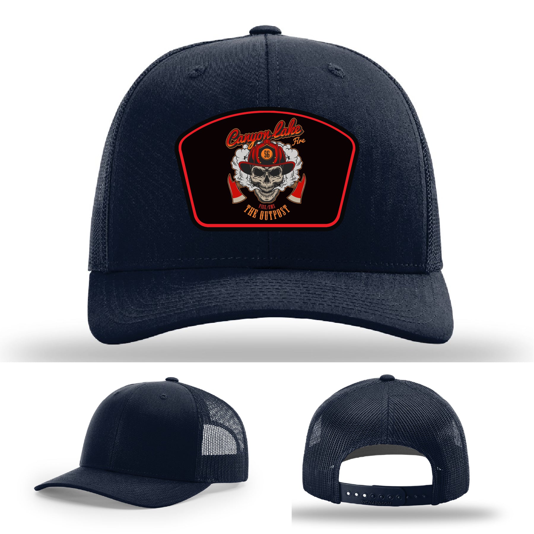 Firefighter hat with Canyon Lake department logo on leather front