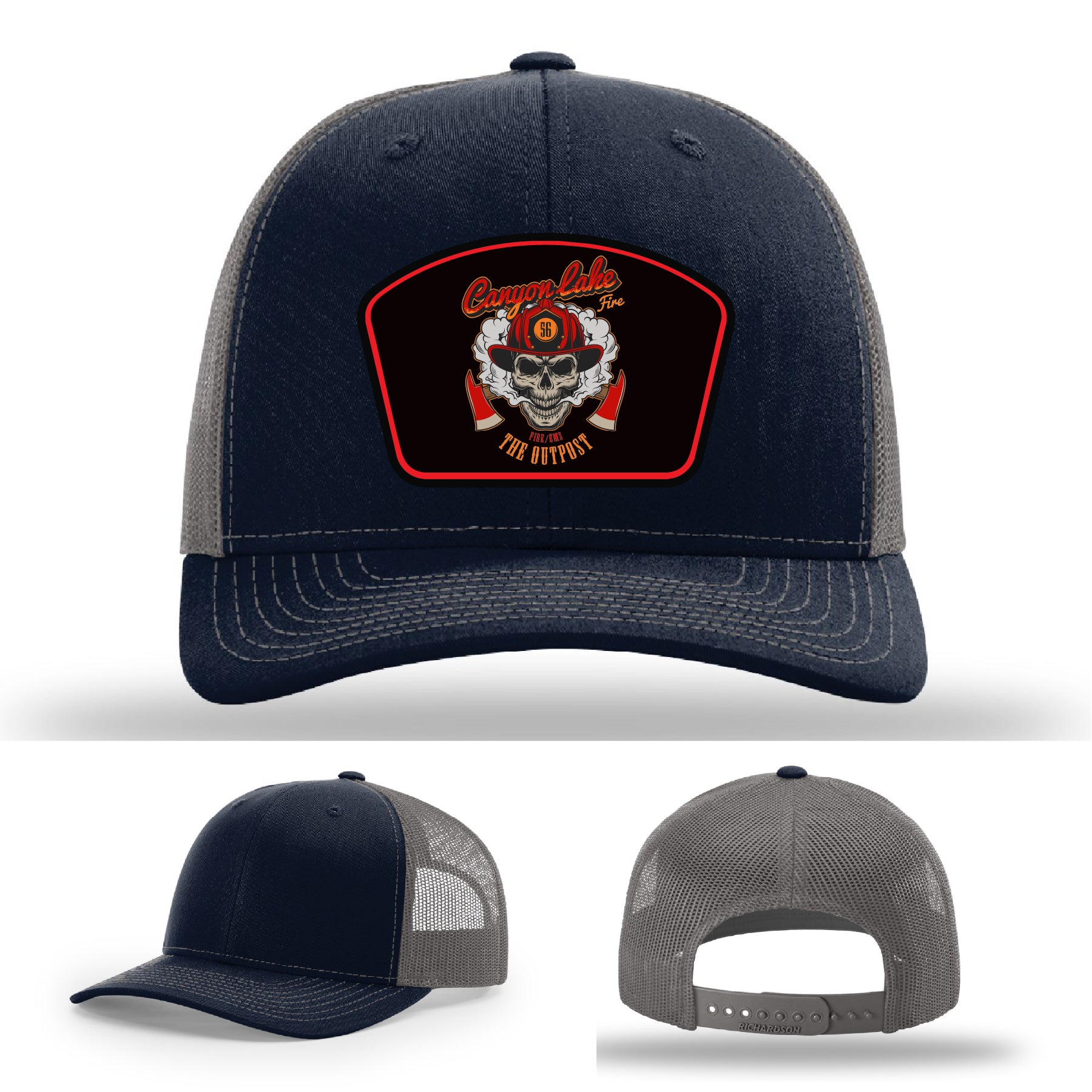 Firefighter leather patch hat designed with Canyon Lake artwork