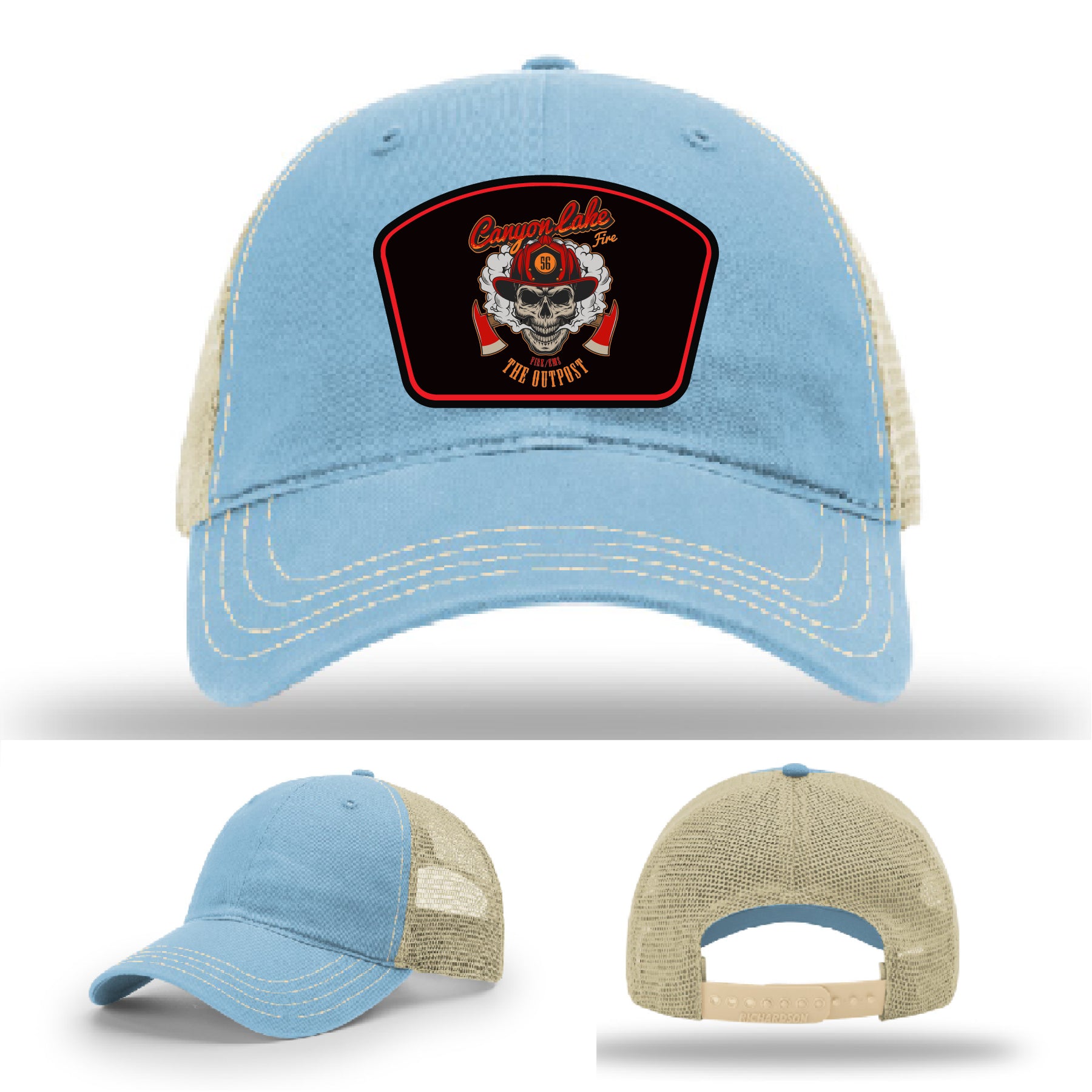 Firefighter hat with Canyon Lake station patch and logo detail