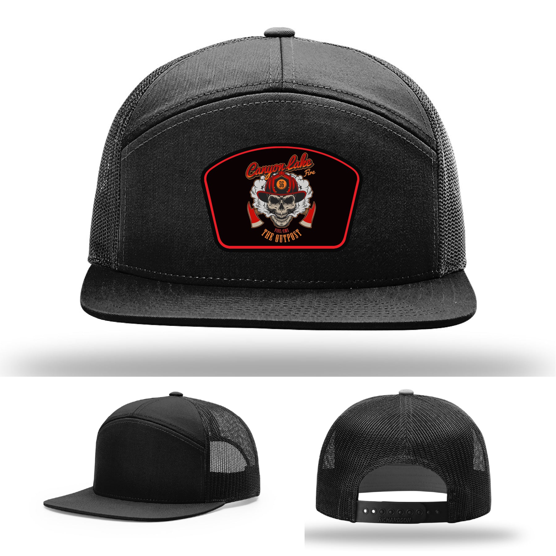 Leather patch firefighter hat showing Canyon Lake department logo