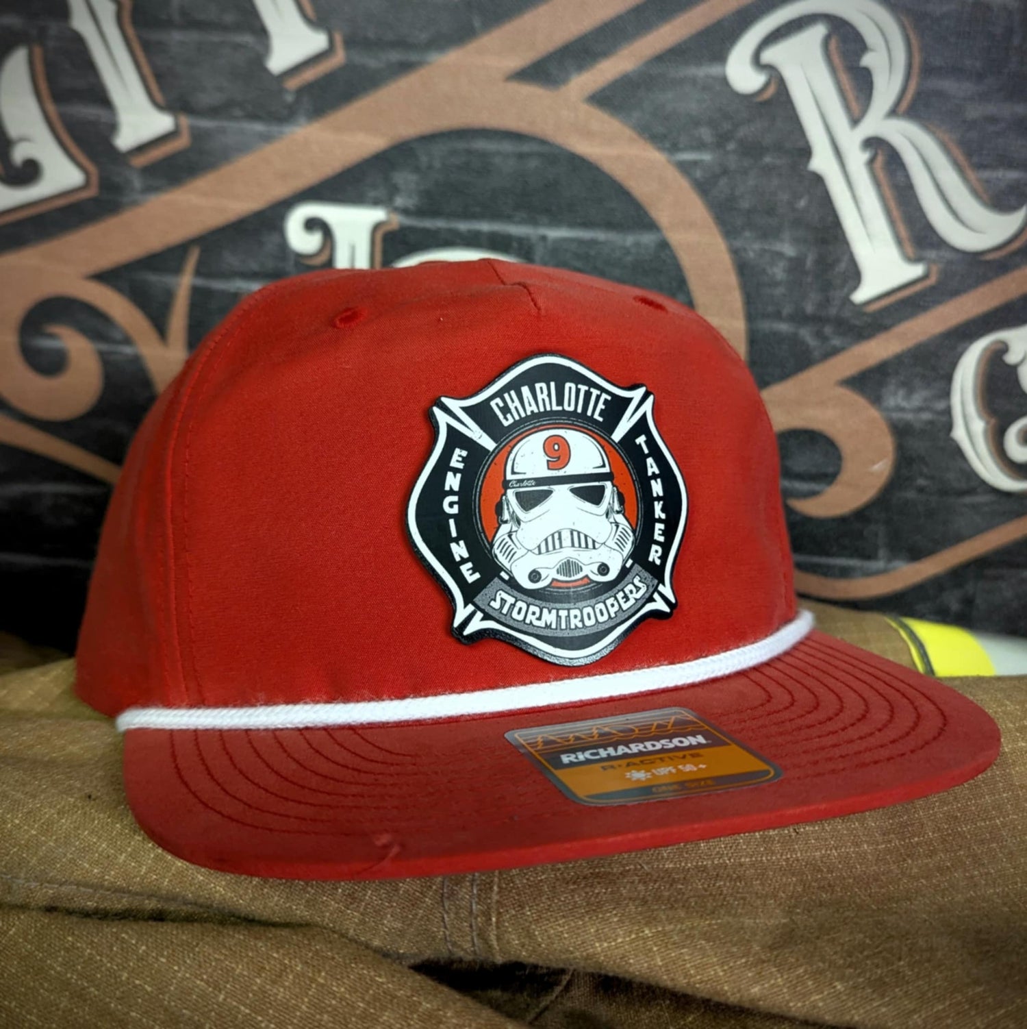 Charlotte Station 9 firefighter hat with custom leather patch